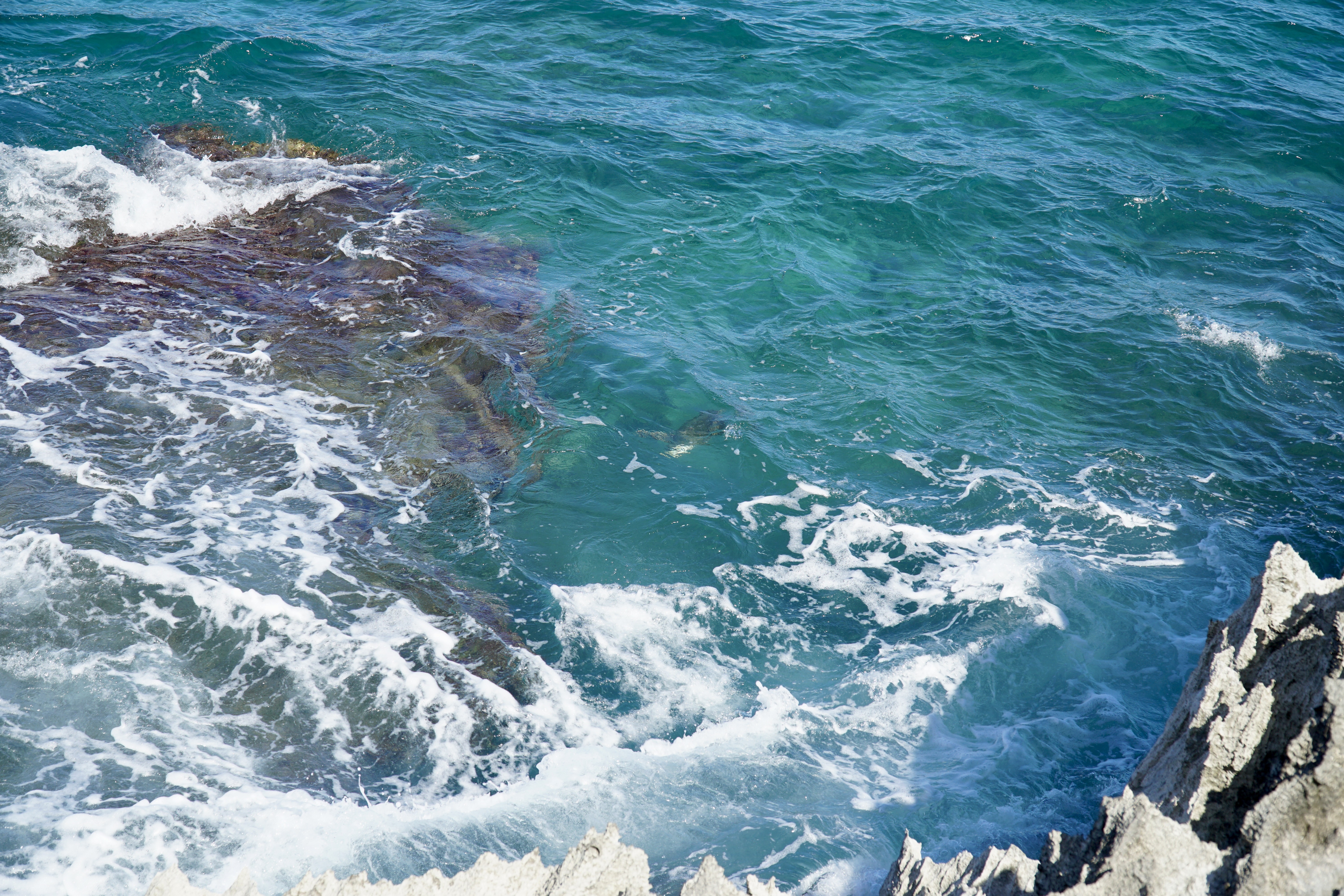 Turquoise waves crashing over volcanic rocks on Oahu's coastline