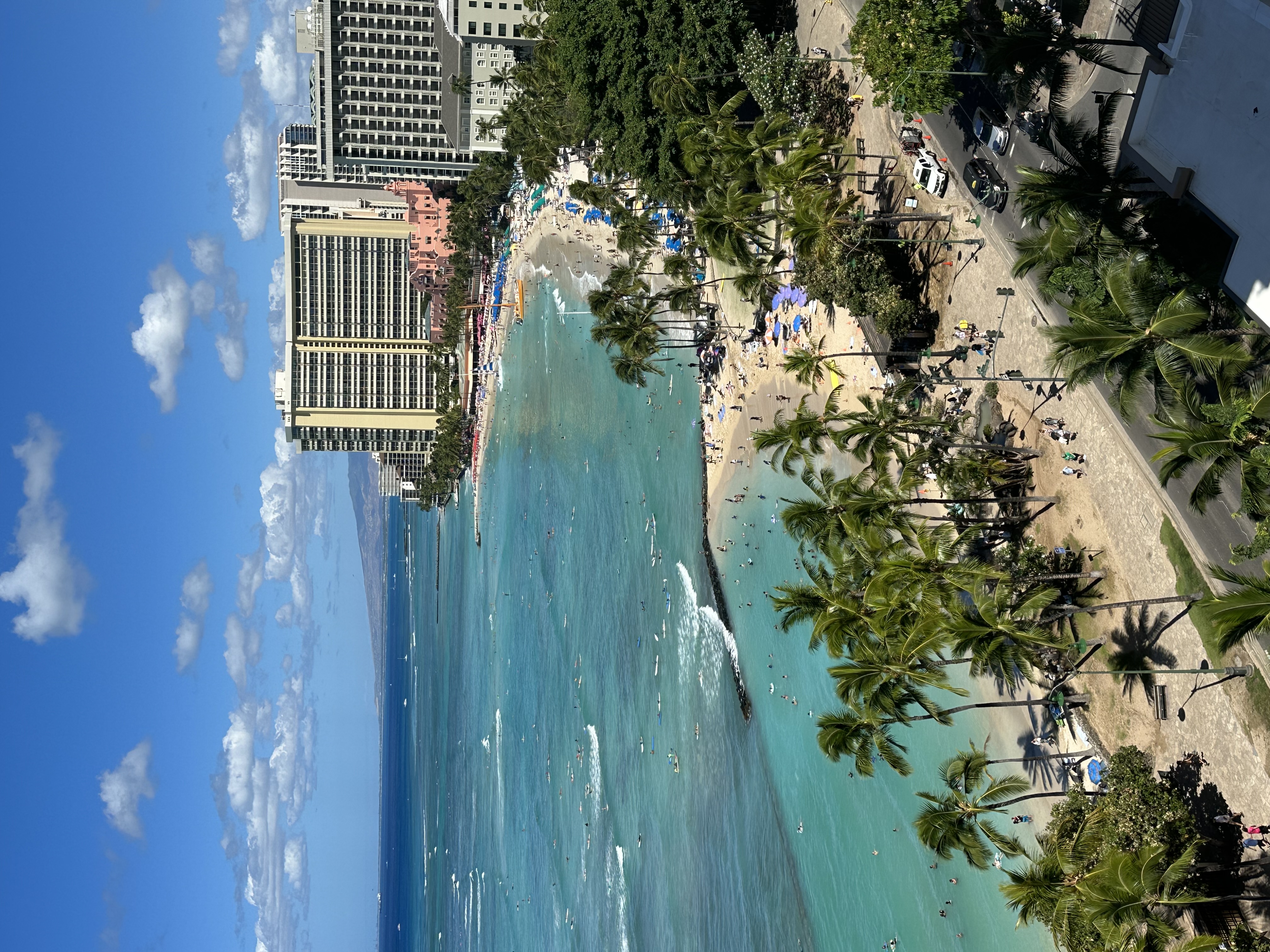 Waikiki Beach aerial view with turquoise water and palm trees, Oahu